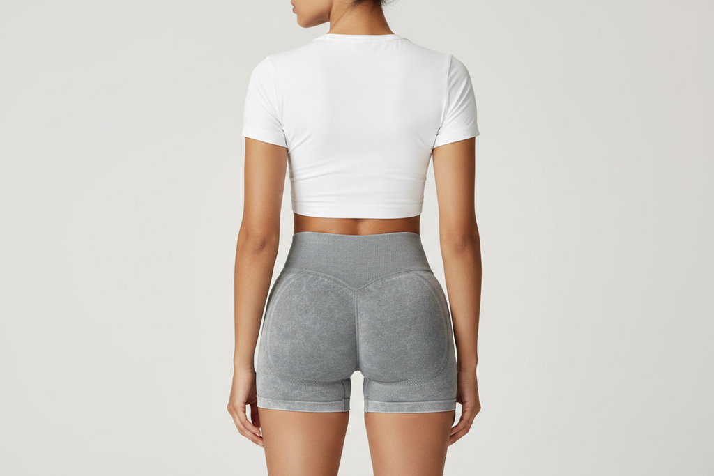 Back View - White Top & Gray Scrunch Shorts