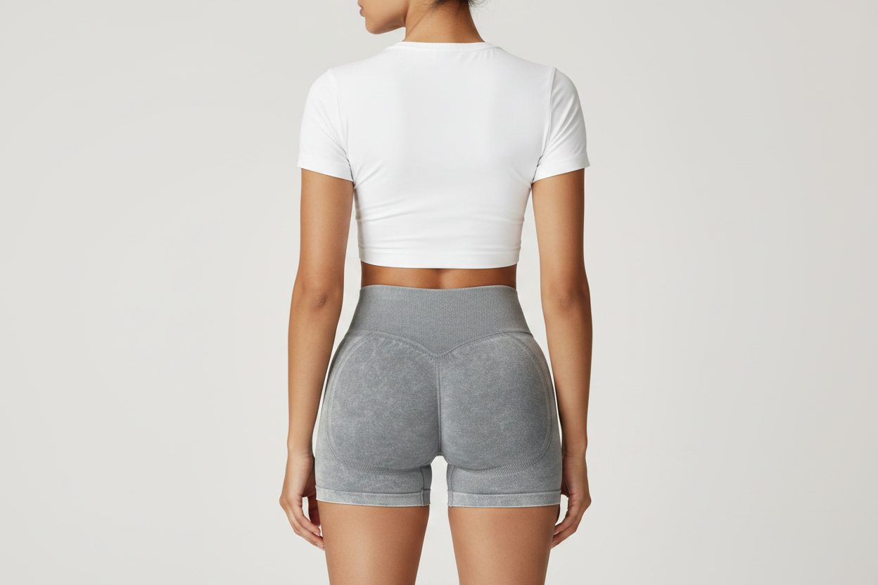 Back View - White Top & Gray Scrunch Shorts