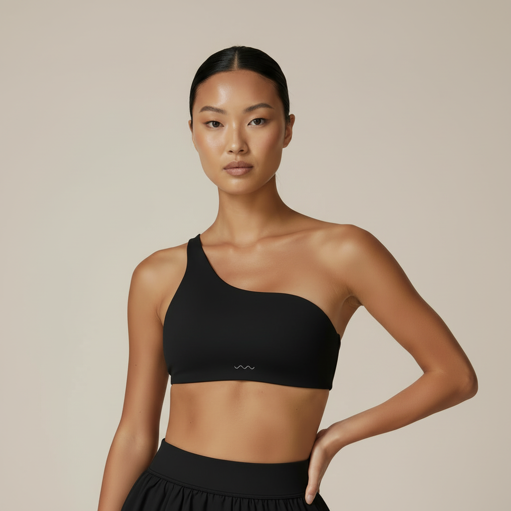 Black one-shoulder crop top - close-up