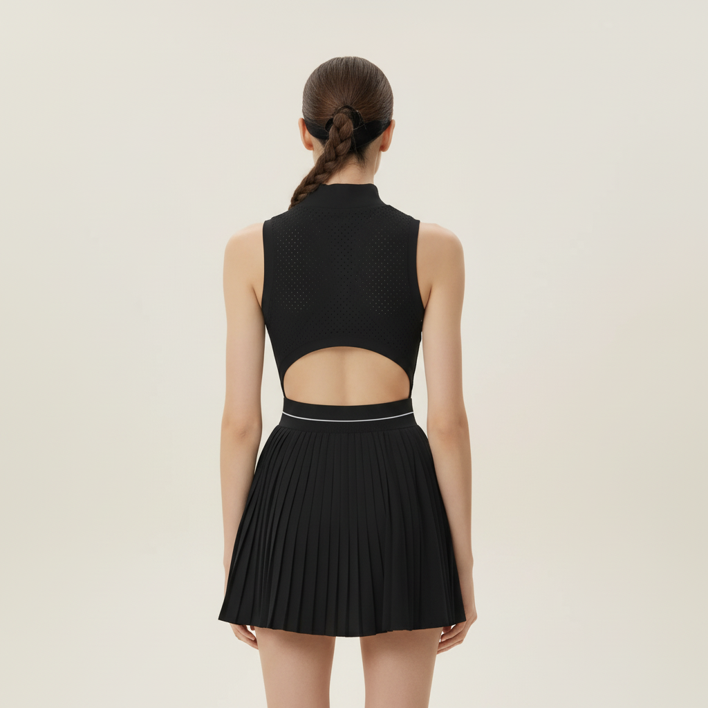 Black pleated tennis dress back view without logo