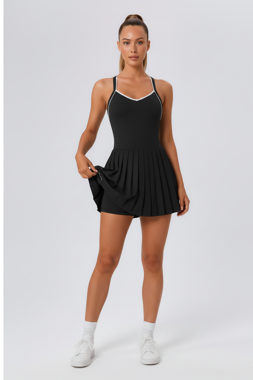 Black pleated tennis dress showing built-in shorts