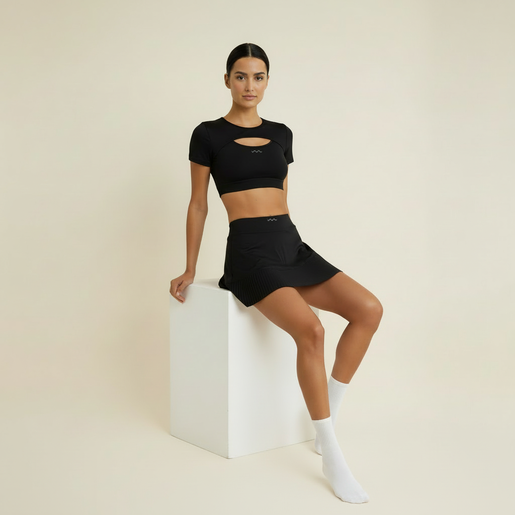 Black set on white cube with high-res logo