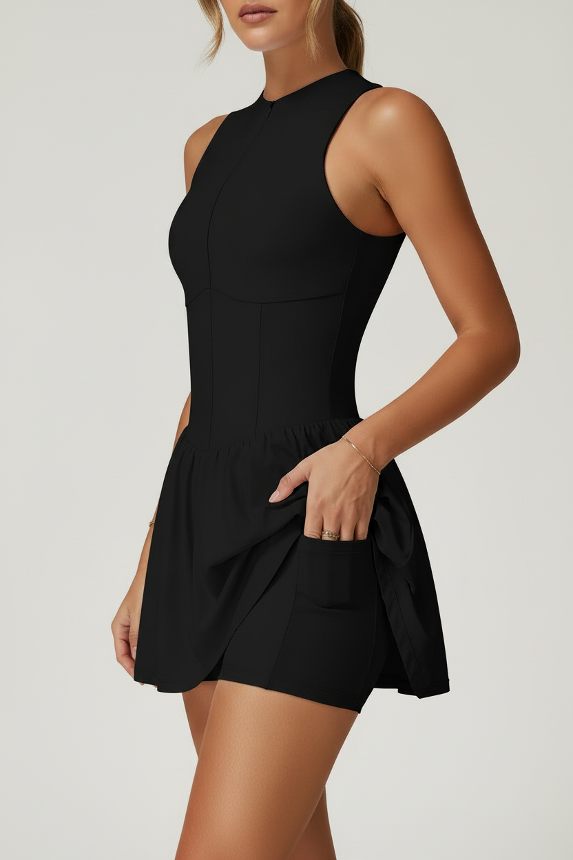 Black tennis dress showing pocket detail