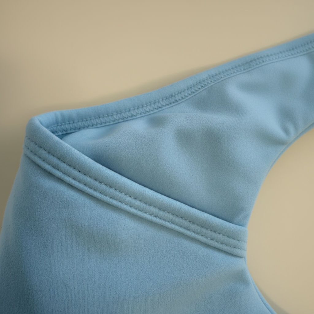 Blue sports bra material close-up on cream background