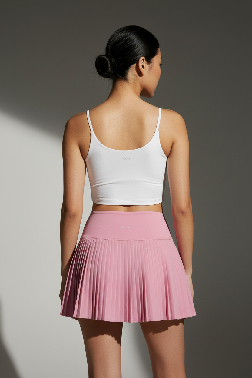 Bright pink skirt with white top - back with logo on waistband