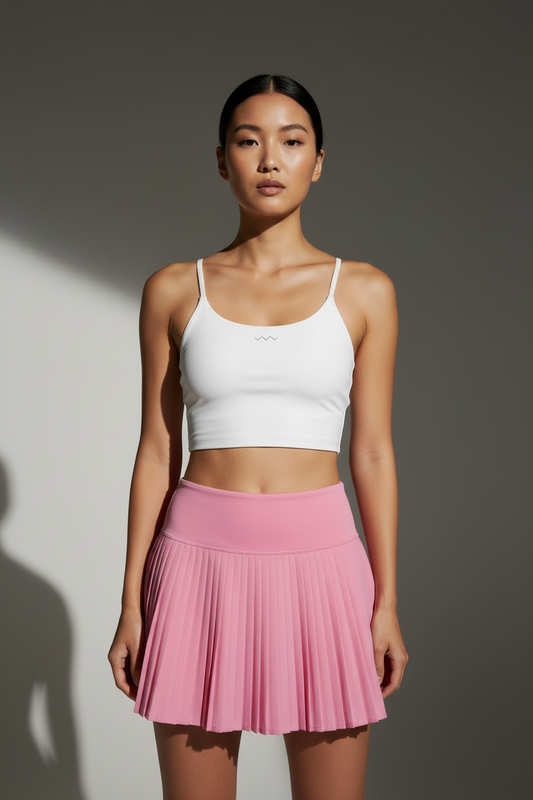 Bright pink skirt with white top - front with logo