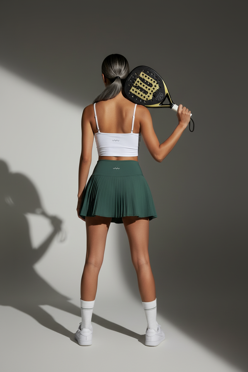 Dark green skirt with white top - back with logo on waistband