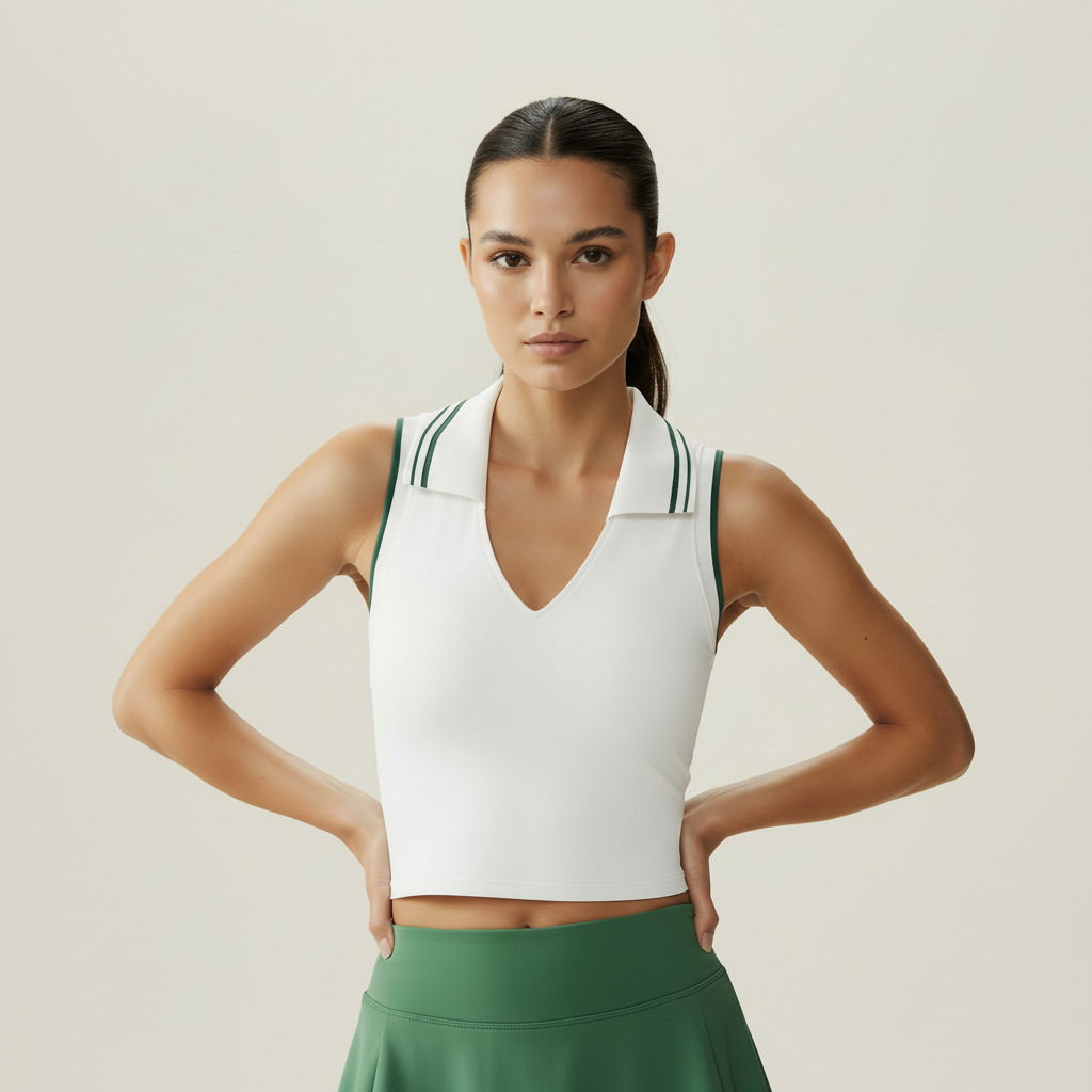 White V-neck crop top with green trim - close-up