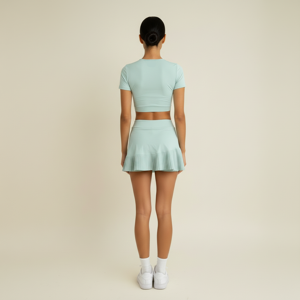 Mint green crop top and pleated skirt set back view with bun