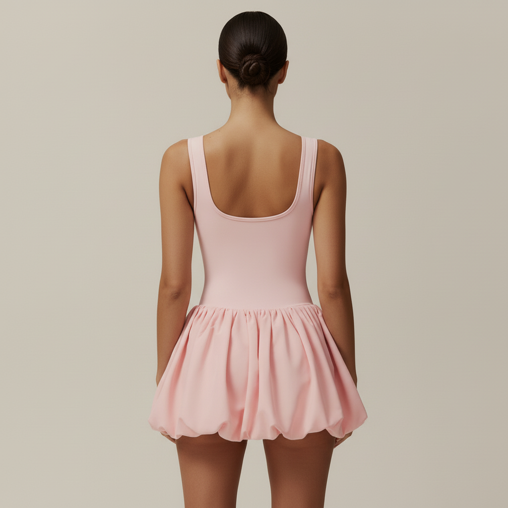 Pink tennis dress back view matching background