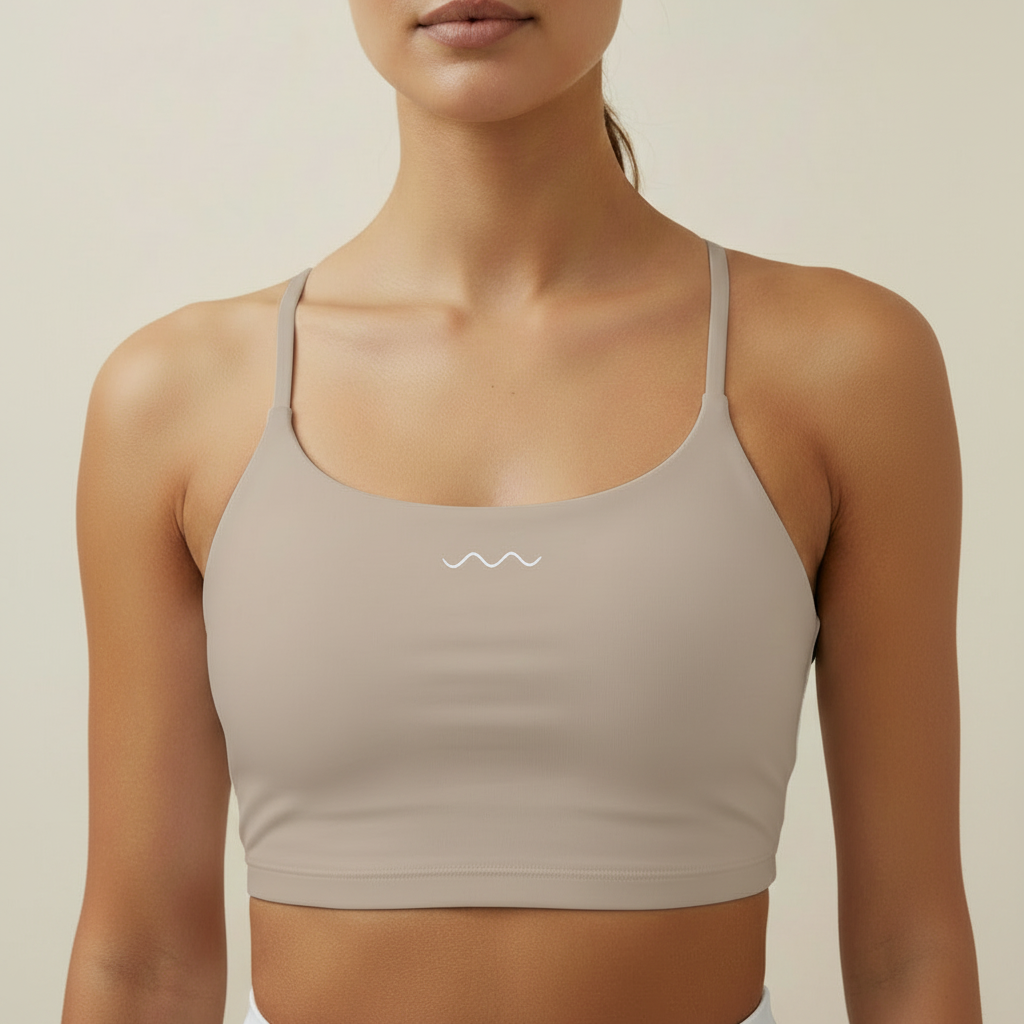 Taupe crop top close-up on model
