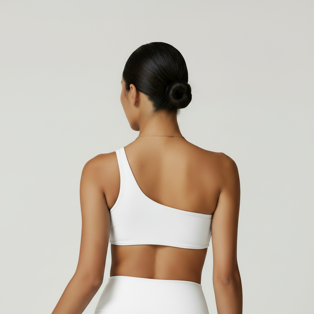 White one-shoulder crop top - back view close-up
