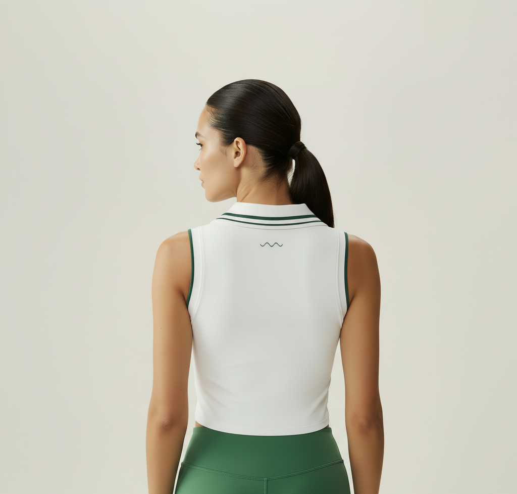White V-neck crop top with light green trim - back view